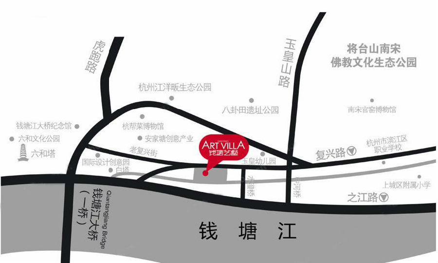 基地位于杭州市钱江一桥北岸附近,南临中河,西和北部接复兴路,有着得
